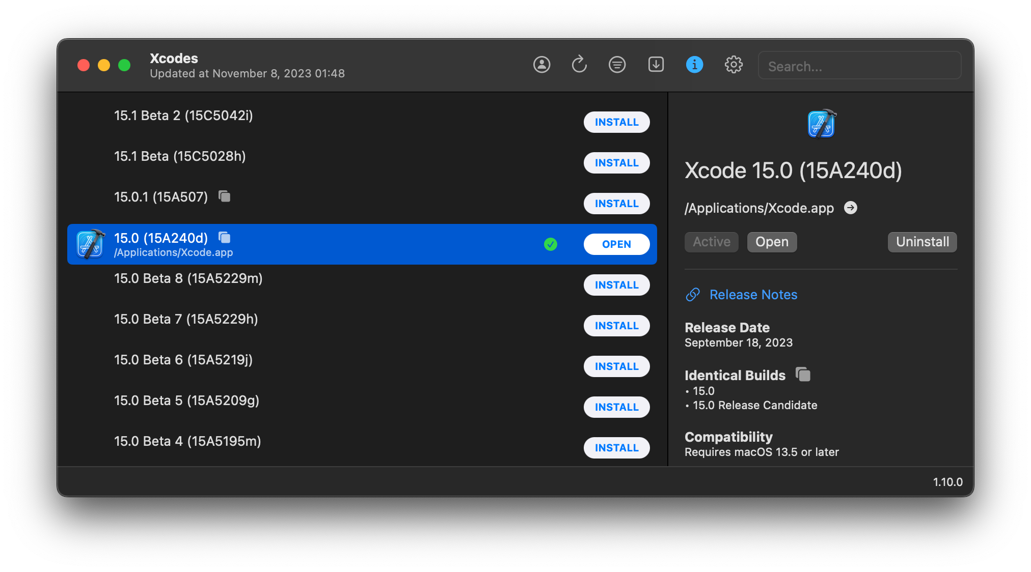 Xcodes GUI List